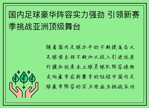 国内足球豪华阵容实力强劲 引领新赛季挑战亚洲顶级舞台